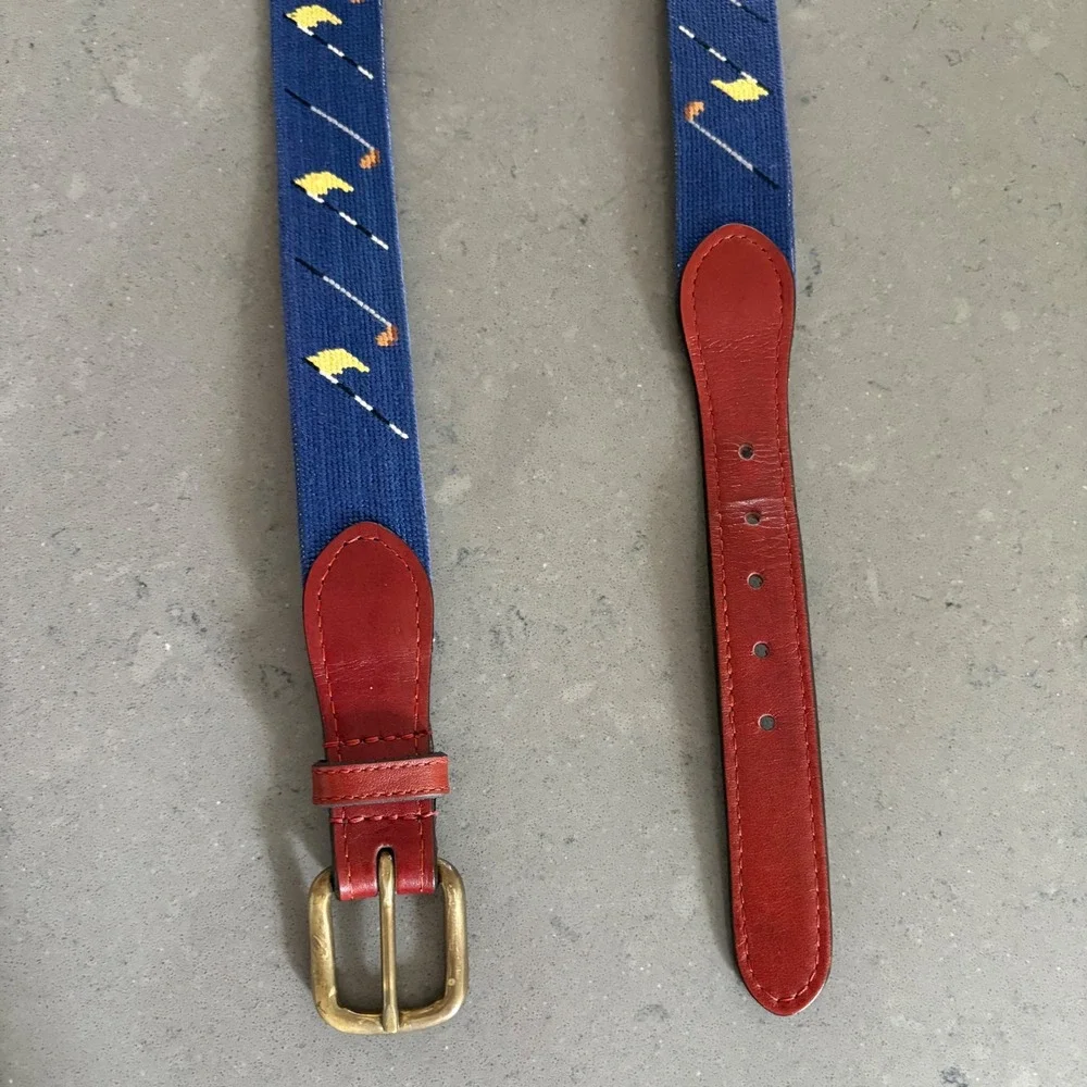Smathers & Branson Mens Golf Needlepoint Belt Blue Leather Brass Buckle Size 42